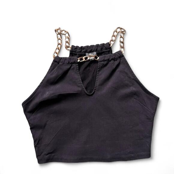 BLACK HALTER TOP WITH ROSE GOLD CHAIN STRAPS - Picture 3 of 4